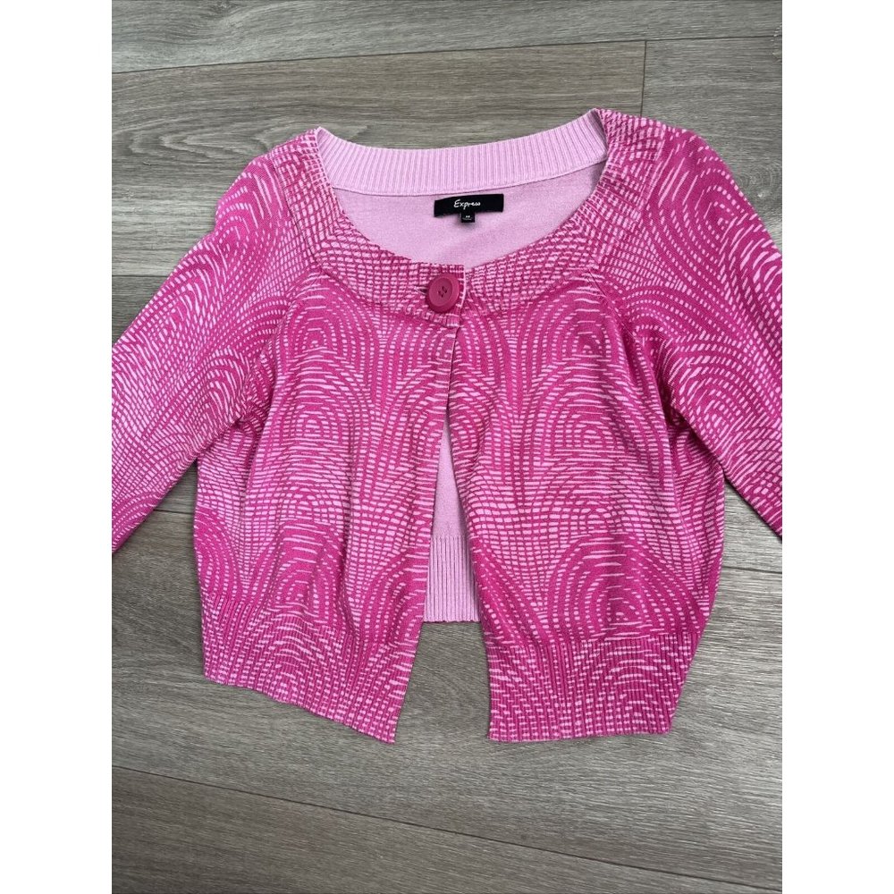 Express Cardigan Sweater Medium Barbie Pink Cropped Print Euc